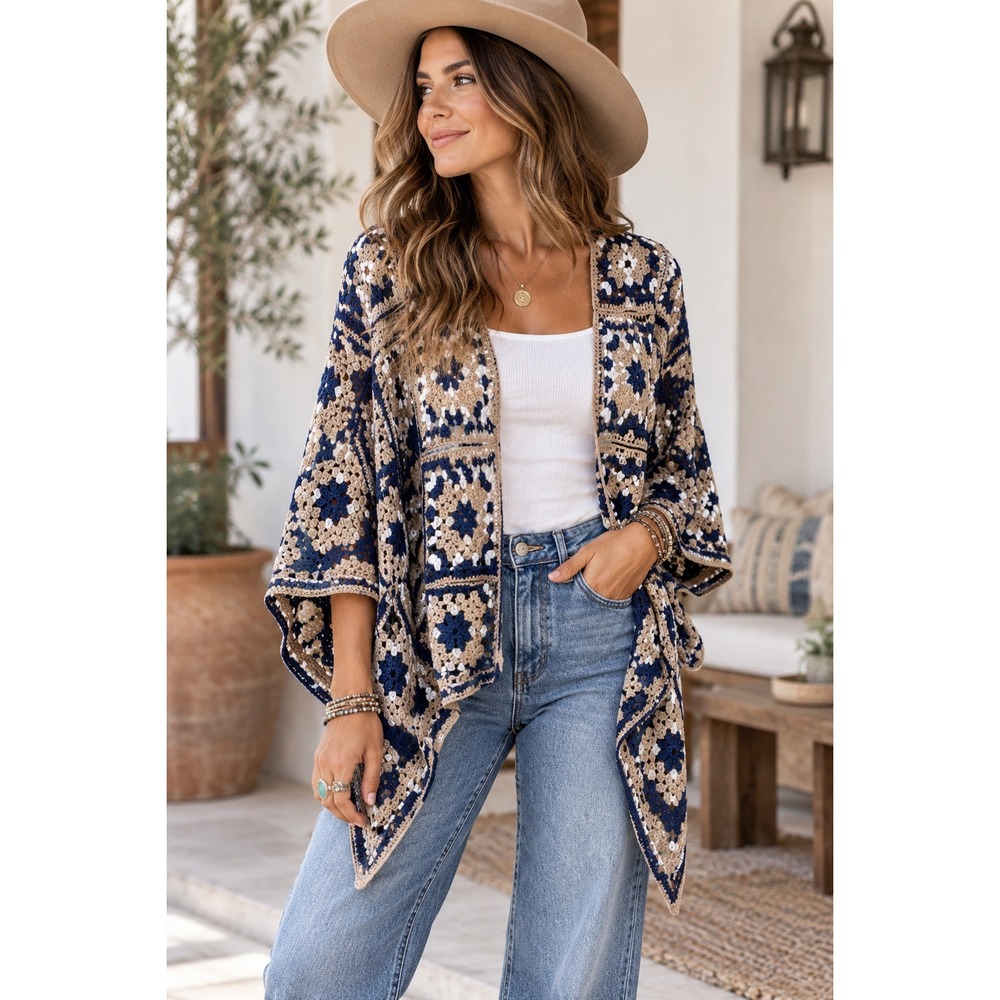Sundance Navy Beige Cotton Crochet Granny Square Open Front Cardigan OS Boho